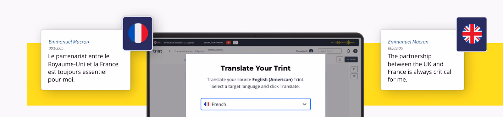 Image showing Trint's desktop app translating a transcript from French to English