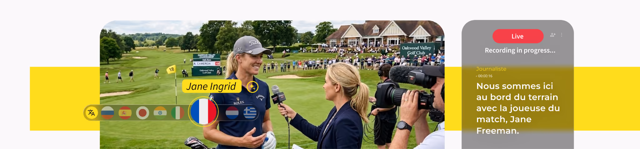 Image of female golfer being interviewed with a example of Trint Live translation features being used.