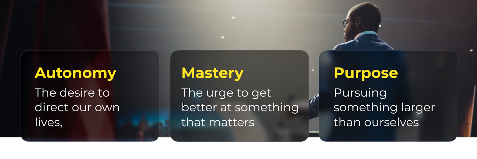 autonomy (the desire to direct our own lives), mastery (the urge to get better at something that matters), and purpose (pursuing something larger than ourselves).