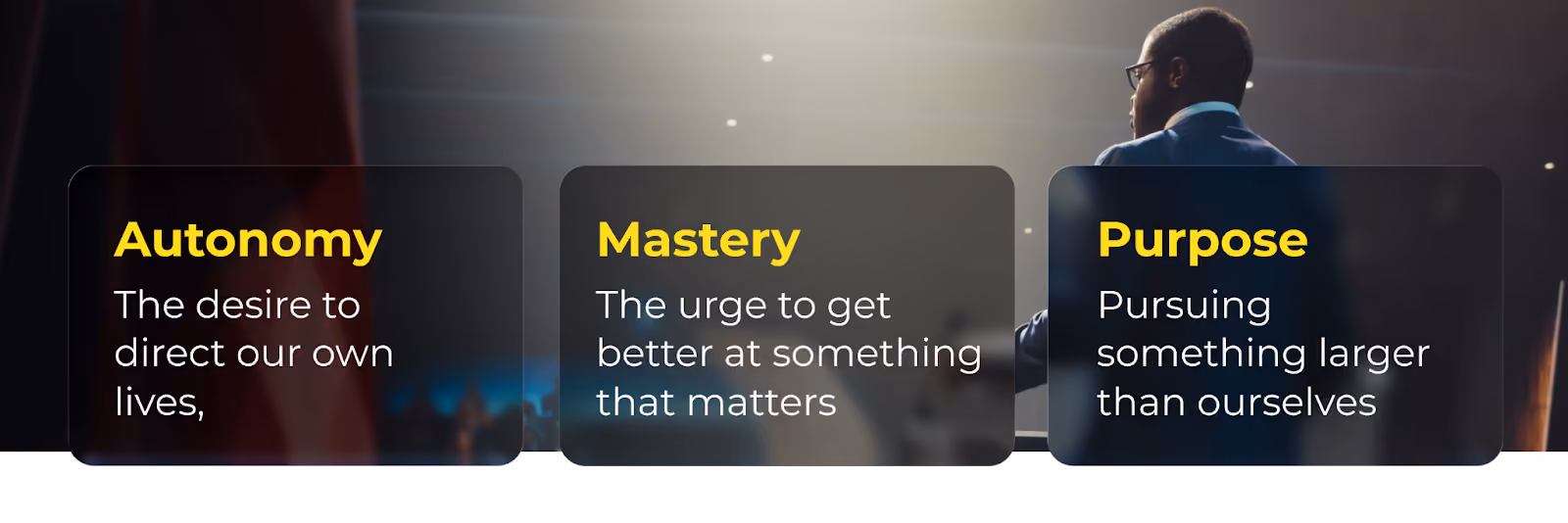 autonomy (the desire to direct our own lives), mastery (the urge to get better at something that matters), and purpose (pursuing something larger than ourselves).